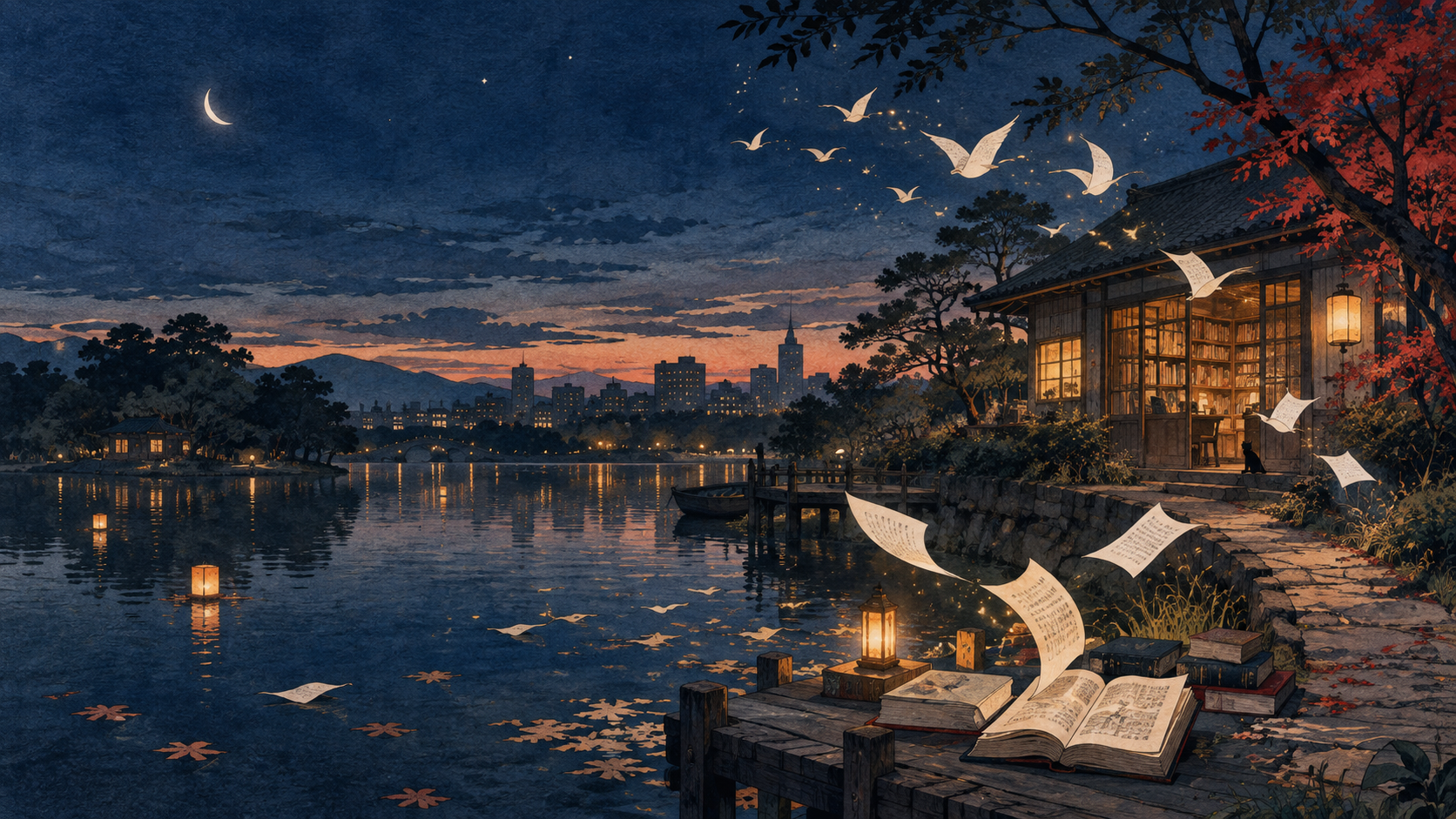 池のほとりの本づくりのアトリエから、紙が鳥となって飛び立つ夕景